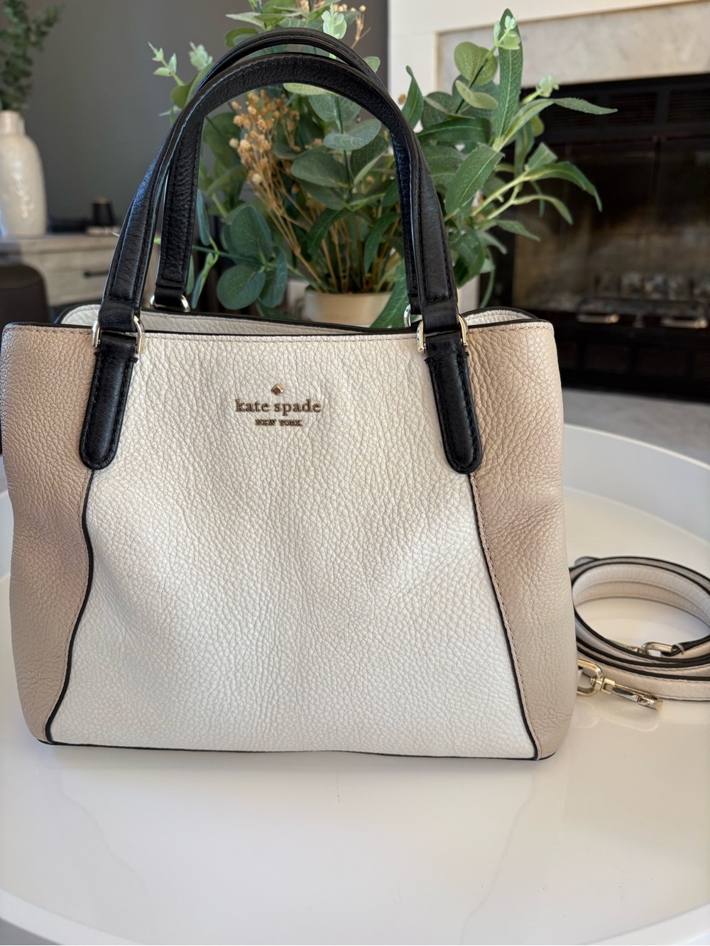 Kate Spade Pebbled Leather Satchel Crossbody Bag Cream Blush Black